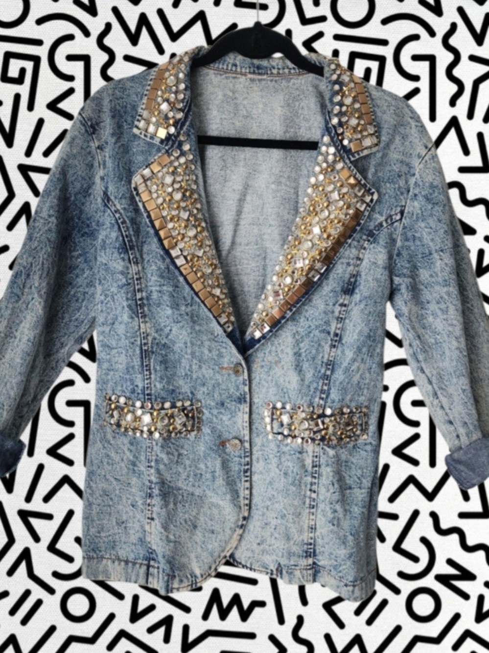 Light Blue Embellished Denim Jacket with Mirrored Trim